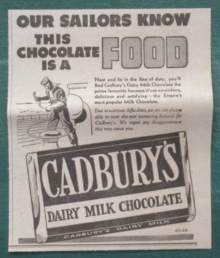 1944 Canadian Cadbury’s Print Ad Dairy Milk Bar Rcn Sailor