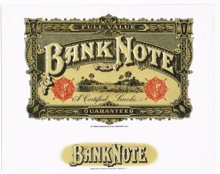 Cigar Box Label Vintage C1930s Embossed Banknote Paper Money Certified Smoke B9