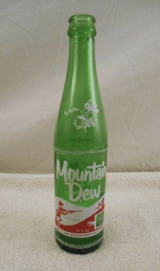 Vtg Mountain Dew Traditional Hillbilly Style 10 Oz Green Glass Soda Pop Bottle