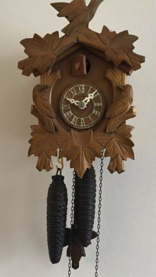 Cuckoo Clock Carved Oak Case 2 Weights Driven Movement 9”l5”w 4”d For Repair