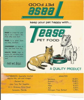 Label - Tease Pet Food,  John Tory Supplies,  Sarasota,  Fl.  Dog Cat.  1972 Us Marine Life.