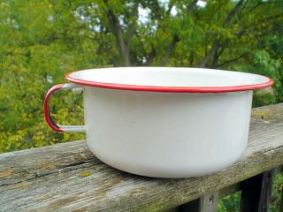 Vintage Enameled Ware Pot Bowl Basin Red White Handle L@@k