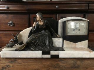 Art Deco Marble And Bronze Clock With Figurine