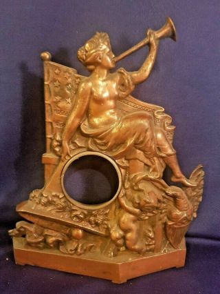 Antique Mantle Clock Copper Gilt Metal Lady Liberty,  Flag,  Cherub,  Bell,  Trumpet