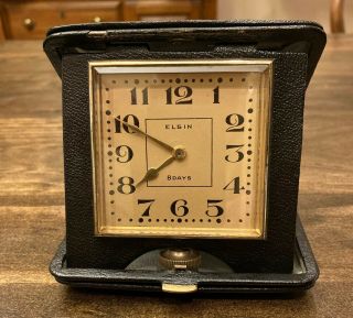 Vintage Elgin 8 Day Travel Clock In Three Section Leather Case