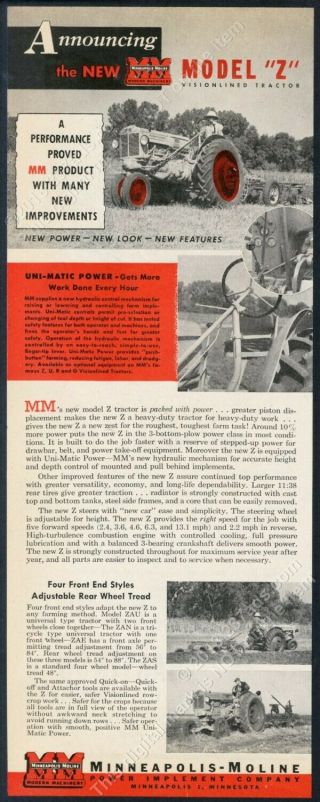 1949 Minneapolis Moline Model Z Tractor 4 Photo Vintage Print Ad