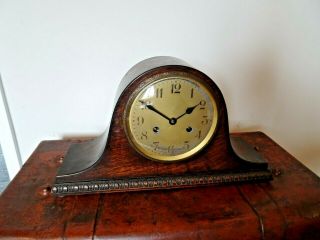 Antique Early 20th Century Oak Napoleon ' s Hat Mantel Clock with Carved Border 2