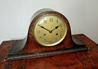 Antique Early 20th Century Oak Napoleon ' s Hat Mantel Clock with Carved Border 3