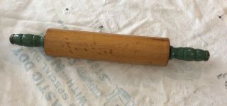Vintage Wood Rolling Pin W/ Green Handles 17 " Antique Wooden Kitchen Decor
