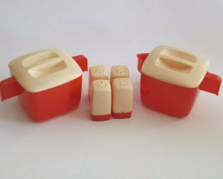 Vintage Federal Tool Red And White Salt Pepper Set With Sugar Creamer