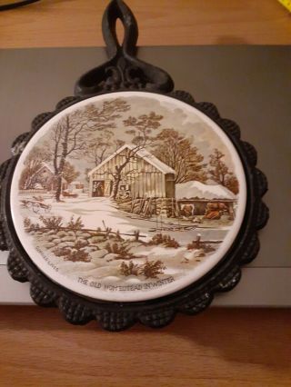 Currier And Ives Cast Iron Trivet With Ceramic Tile " The Old Homestead In Winter