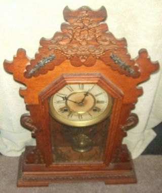 Neat Old Waterbury Kitchen Clock With Brass Trimmings Runs Good Too