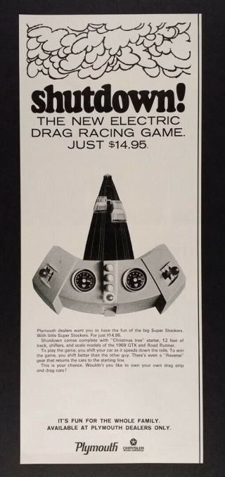 1968 Plymouth Shutdown Electric Drag Racing Game Vintage Print Ad