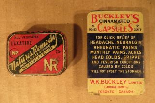 2 Vintage Miniature Medicine Tins Natural Remedy Laxative & Buckley 