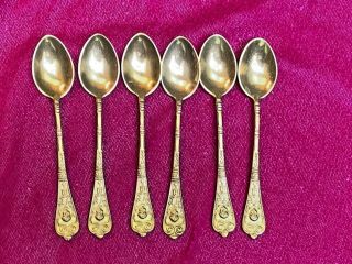Set 6 Gilded Fancy Demi Tasse Spoons Cherub Relief Ornamentation Front And Back
