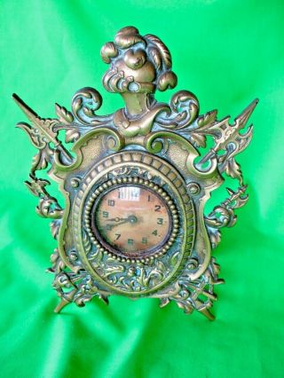 Old Antique Ornate Brass Heraldic Themed Mantle Clock