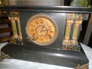 Antique Seth Thomas Adamantine Mantel Clock Lions Heads 4 Column Restoration