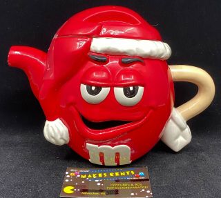 M&m’s Red 3d Ceramic Tea Pot With Christmas Hat Novelty Collectible