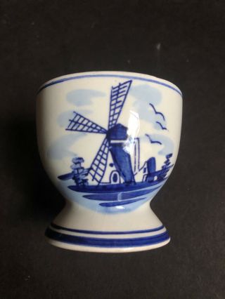 Dutch Delft Egg Cup Hand Painted Pottery Windmill Blue & White 1 - 3/4 " X 1 - 7/8 "