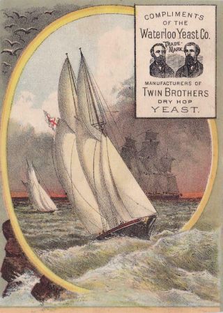 1885 Calendar Victorian Trade Card Twin Brothers Dry Hop Waterloo Yeast Ship