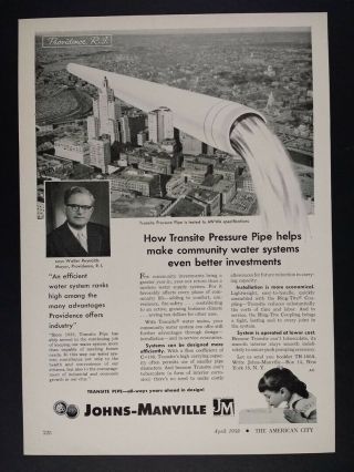 1958 Johns - Manville Transite Pipe Water Mains Providence Ri Use Vintage Print Ad