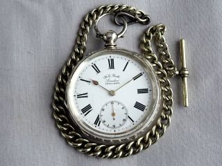 Silver Keywind Gents Pocket Watch & Chain H E Peck London C1880antique