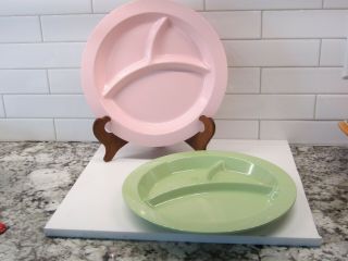 2 Pottery Barn Kids Pink & Green Melamine Divided Plate 3 Compartment Round