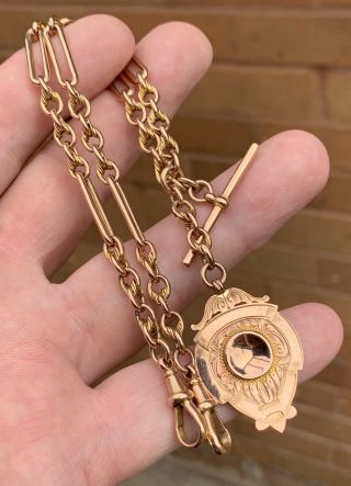 A Good Antique Solid 9ct Rose Gold Double Albert Pocket Watch Chain & Fob,  1899.