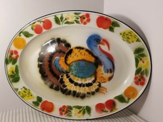Vintage Enamelware Metal Oval Turkey Thanksgiving Platter 17.  75 " X 13.  25 "