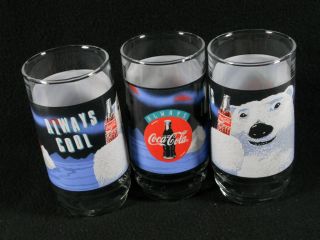3 Vintage Coca Cola Polar Bear " Always Cool " Glass Tumblers 16oz - Indiana Glass Co
