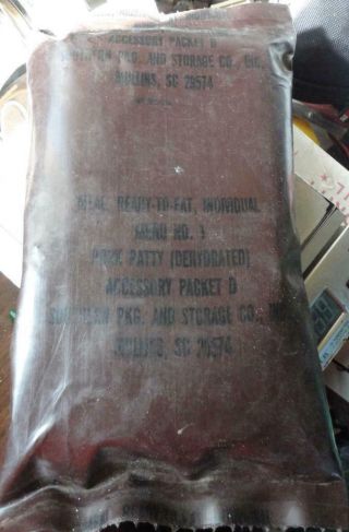Vintage Military Mre Pork Patty Meal No 1 Dark Brown Bag