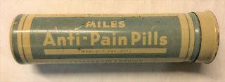 Vintage Dr.  Miles Anti - Pain Pills Advertising Tin Elkhart,  Indiana Empty