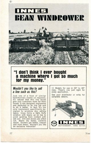 1968 Dealer Print Ad Of Innes Bean Windrower Tractor Bettendorf Iowa