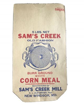 Vintage White Corn Meal Burr Ground 5 Lb Bag Sam’s Creek Mill Windsor Md Nos