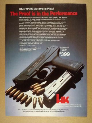 1983 Heckler & Koch Hk Vp70z 9mm Pistol Vintage Print Ad