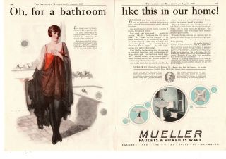 1927 Mueller Co.  Decatur Il Faucets Vitreous Ware Bathroom Woman 2 - Page Print Ad