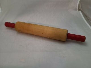 Vintage Wood Rolling Pin With Red Wood Handles 15 "