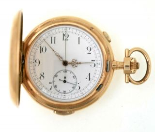 Swiss ¼ Repeater Chronograph Hunter Cased Pocket Watch 14k Solid Gold
