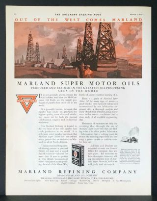1928 Marland Motor Oil Field Derricks Gasoline Cowboy Print Ad