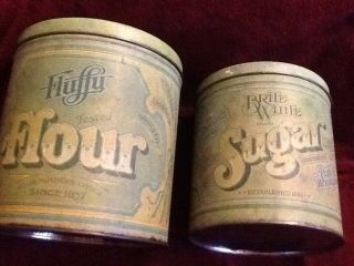 Vintage 2 Pc Canister Set Fluffy Flour & Brite White Sugar Green Metal Usa