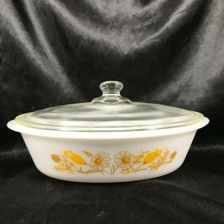 Vintage Glasbake Milk Glass Casserole Dish Yellow Floral J235 With Lid
