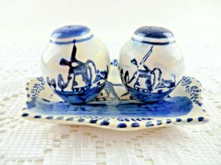Vintage Holland Blue Delft Windmill 3 Pc Tray Salt & Pepper Shakers Hand Painted
