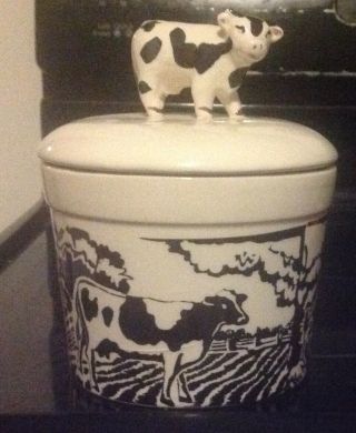 Vintage Farmhouse Ceramic Black & White Cow Covered Butter/cheese Dish Bowl