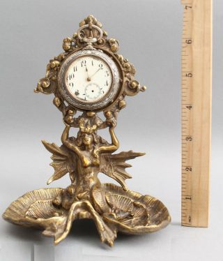 Antique Bronze Nautical Mythological Nude Winged Mermaid Pocket Watch Holder