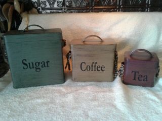 3 Pc Tin Metal Canister Set Sugar Coffee Tea