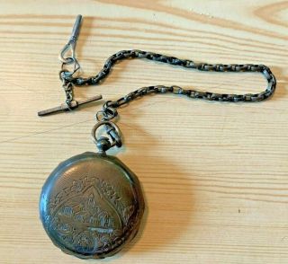 Antique Engraved Sterling Silver Key - Wind Pocket Watch With Silver Chain & Key