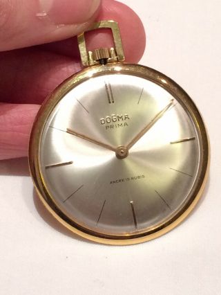 Fantastic Vintage Dogma Prima Ancre 15 Rubis Gold Plated Dress Pocket Watch
