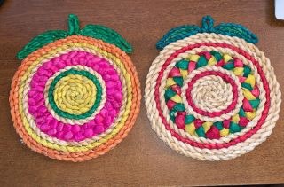 2 Vintage Colored Wicker Straw Hot Pads Pot Holders Woven Trivets