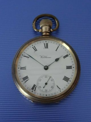 American Waltham U.  S.  A.  Traveler 1914 Gold Plated Open Face Pocket Watch