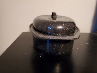 Vintage Small Black Speckled Enamel Roaster Roasting Pan w/ Lid 11 